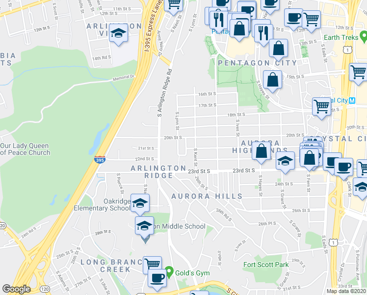 map of restaurants, bars, coffee shops, grocery stores, and more near 2112 South Knoll Street in Arlington