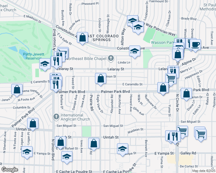 map of restaurants, bars, coffee shops, grocery stores, and more near 2450 Palmer Park Boulevard in Colorado Springs