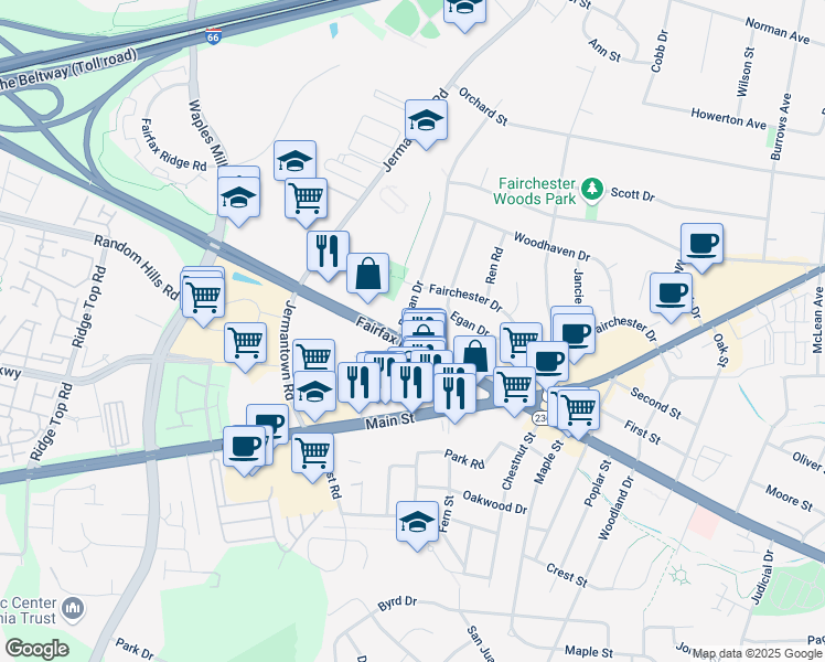 map of restaurants, bars, coffee shops, grocery stores, and more near 11098 Fairfax Boulevard in Fairfax