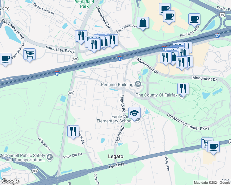 map of restaurants, bars, coffee shops, grocery stores, and more near 12100 Garden Grove Circle in Fairfax