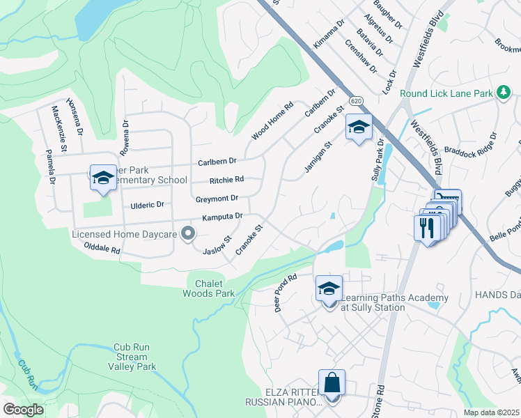 map of restaurants, bars, coffee shops, grocery stores, and more near 14902 Kamputa Drive in Centreville
