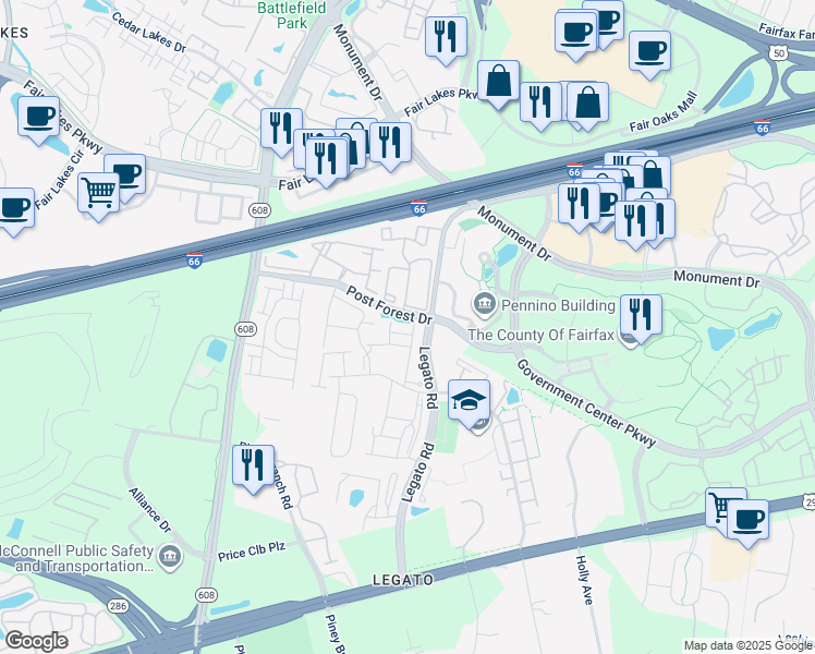 map of restaurants, bars, coffee shops, grocery stores, and more near 12100 Garden Grove Circle in Fairfax
