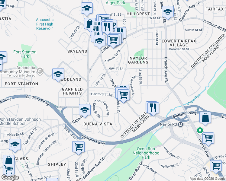 map of restaurants, bars, coffee shops, grocery stores, and more near 2901 Gainesville Street Southeast in Washington