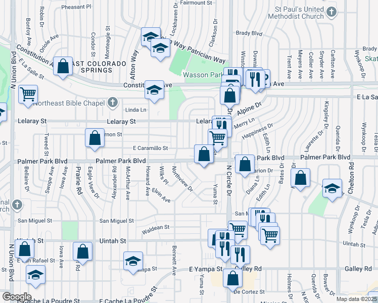 map of restaurants, bars, coffee shops, grocery stores, and more near 2623 East Caramillo Street in Colorado Springs