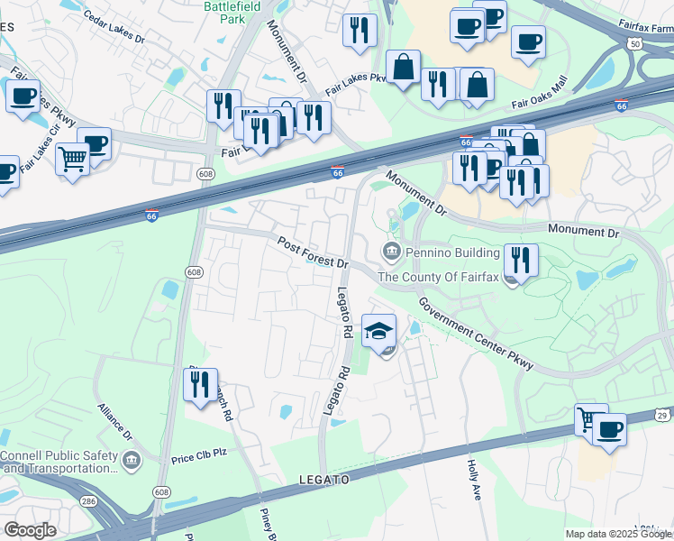 map of restaurants, bars, coffee shops, grocery stores, and more near 4401 Weatherington Lane in Fairfax