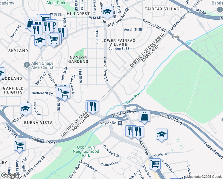 map of restaurants, bars, coffee shops, grocery stores, and more near 3001 Branch Avenue in Hillcrest Heights