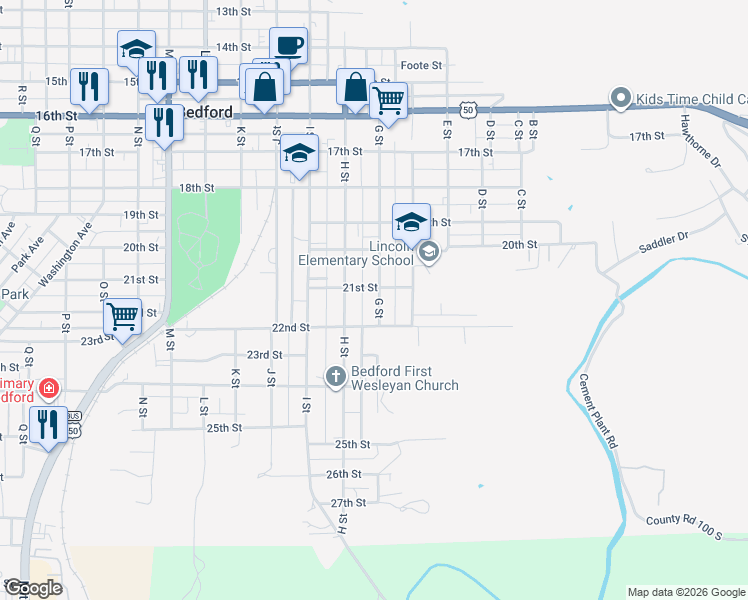 map of restaurants, bars, coffee shops, grocery stores, and more near 2120 G St in Bedford