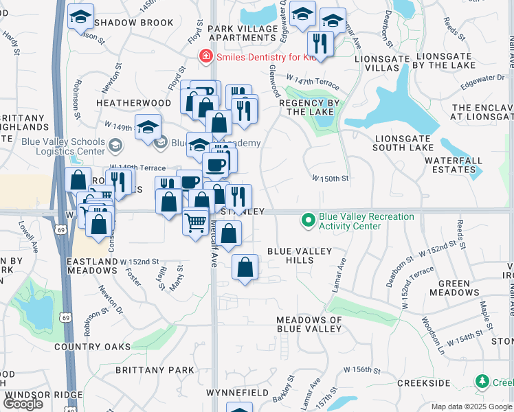 map of restaurants, bars, coffee shops, grocery stores, and more near 6860 West 151st Street in Overland Park