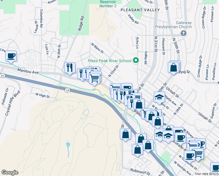 map of restaurants, bars, coffee shops, grocery stores, and more near 3164 West Colorado Avenue in Colorado Springs