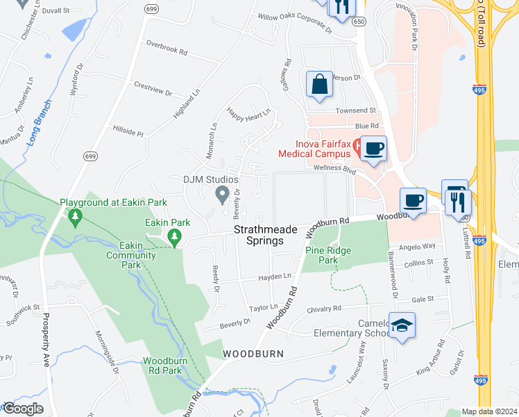 map of restaurants, bars, coffee shops, grocery stores, and more near 3368 Whipple Court in Annandale