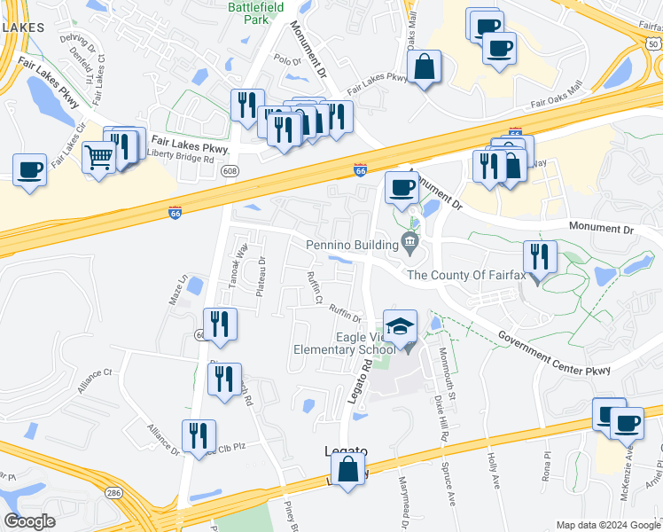 map of restaurants, bars, coffee shops, grocery stores, and more near 12108 Garden Grove Circle in Fairfax