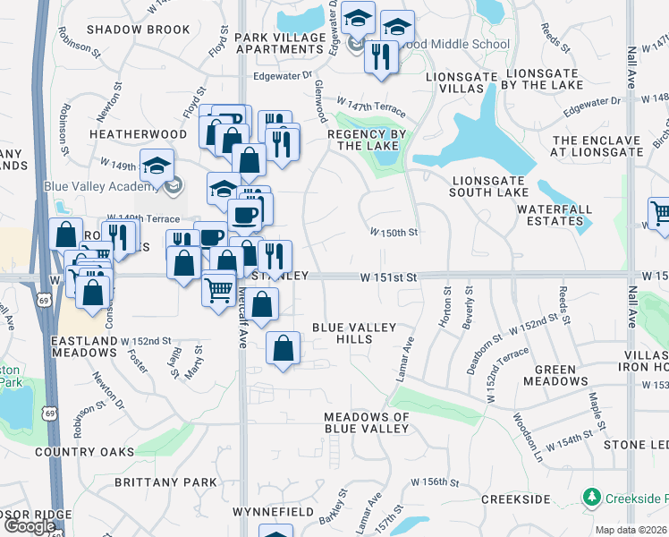 map of restaurants, bars, coffee shops, grocery stores, and more near 6684 West 151st Street in Overland Park