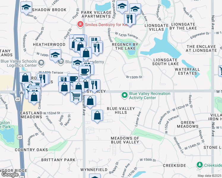 map of restaurants, bars, coffee shops, grocery stores, and more near 6760 West 151st Street in Overland Park