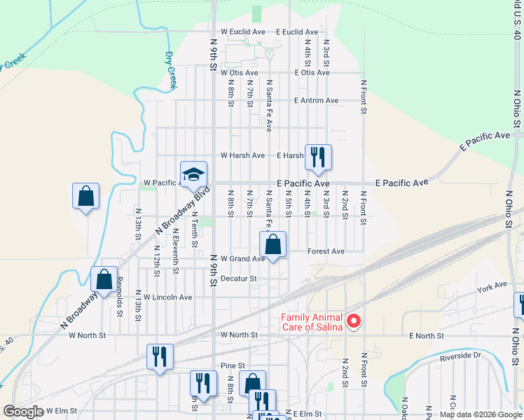 map of restaurants, bars, coffee shops, grocery stores, and more near 115 West Woodland Avenue in Salina