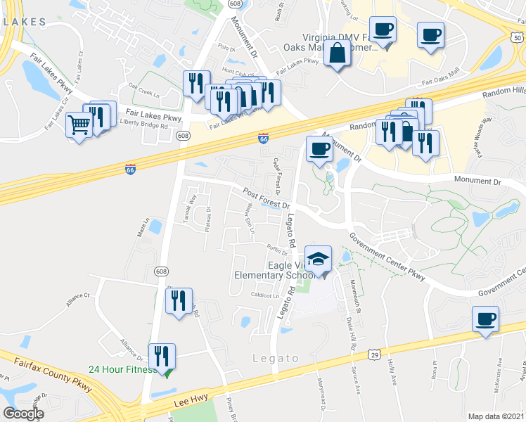 map of restaurants, bars, coffee shops, grocery stores, and more near 12108 Garden Grove Circle in Fairfax