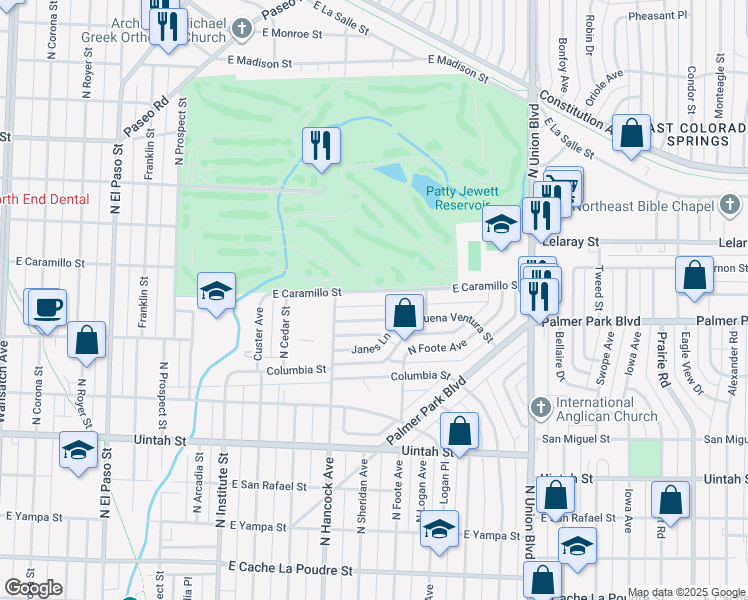 map of restaurants, bars, coffee shops, grocery stores, and more near 1314 East Buena Ventura Street in Colorado Springs