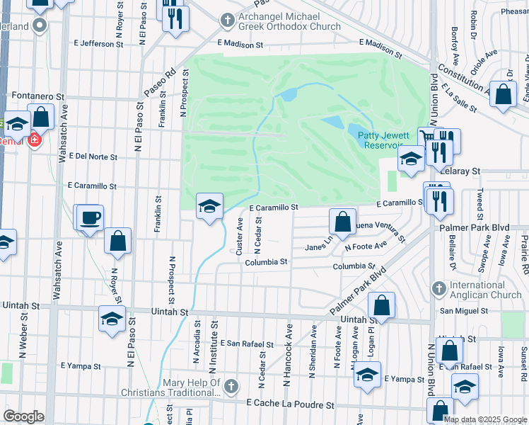 map of restaurants, bars, coffee shops, grocery stores, and more near 1512 North Cedar Street in Colorado Springs