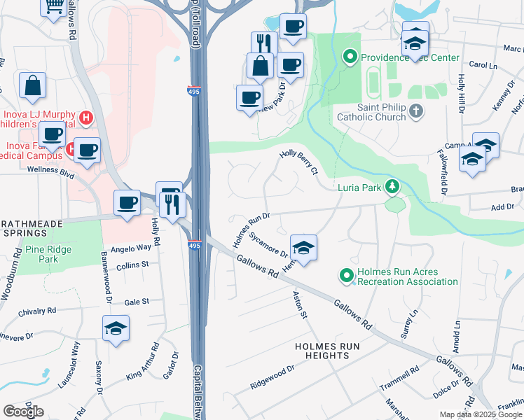 map of restaurants, bars, coffee shops, grocery stores, and more near 7818 Holmes Run Drive in Falls Church