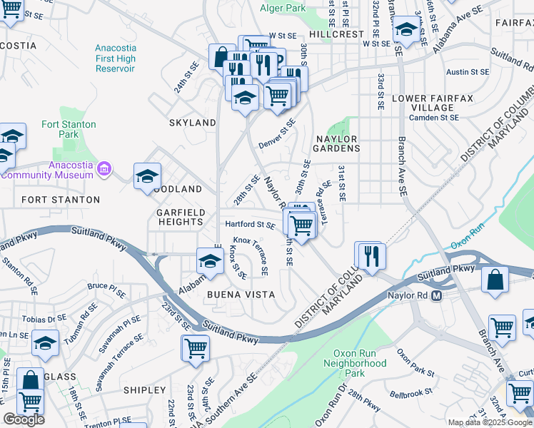 map of restaurants, bars, coffee shops, grocery stores, and more near 2841 Gainesville Street Southeast in Washington