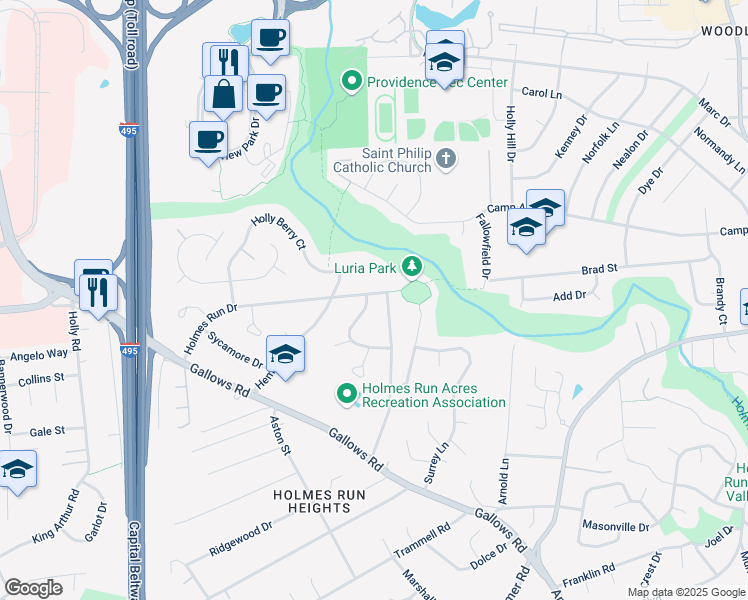 map of restaurants, bars, coffee shops, grocery stores, and more near 7631 Holmes Run Drive in Falls Church