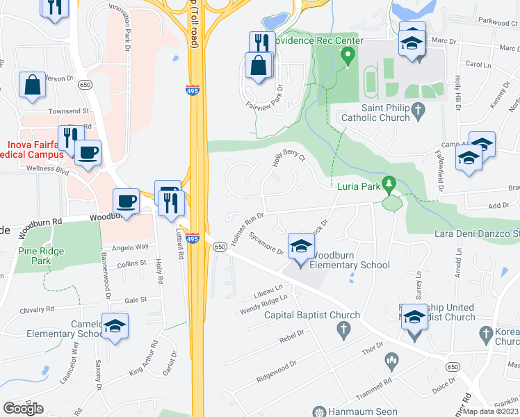 map of restaurants, bars, coffee shops, grocery stores, and more near 7818 Holmes Run Drive in Falls Church