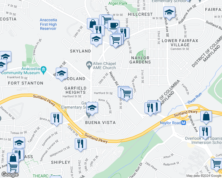 map of restaurants, bars, coffee shops, grocery stores, and more near 2841 Gainesville Street Southeast in Washington