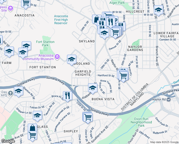 map of restaurants, bars, coffee shops, grocery stores, and more near 2925 Knox Place Southeast in Washington