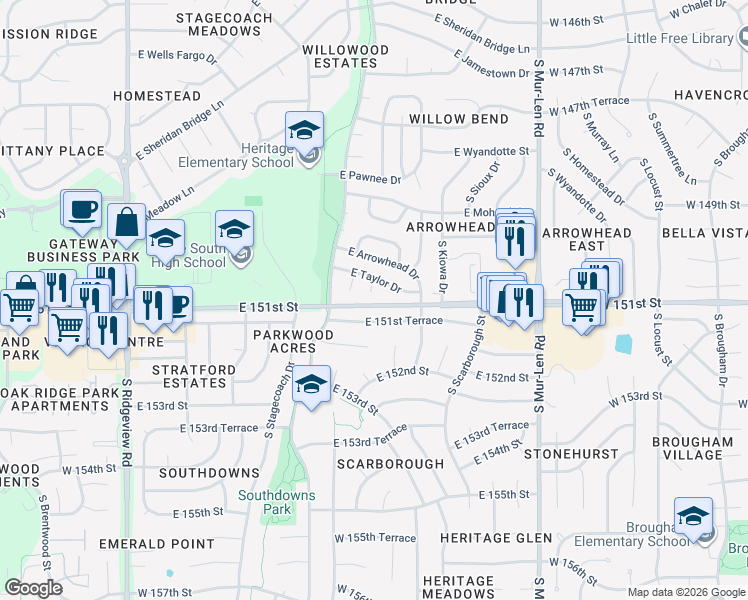 map of restaurants, bars, coffee shops, grocery stores, and more near 1828 East 151st Street in Olathe