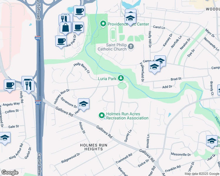 map of restaurants, bars, coffee shops, grocery stores, and more near 7631 Holmes Run Drive in Falls Church