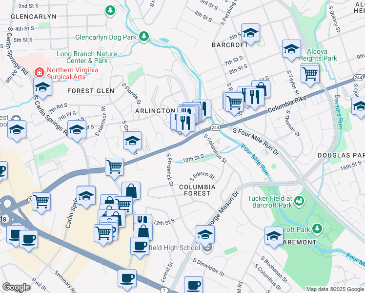 map of restaurants, bars, coffee shops, grocery stores, and more near 5110 Columbia Pike in Arlington
