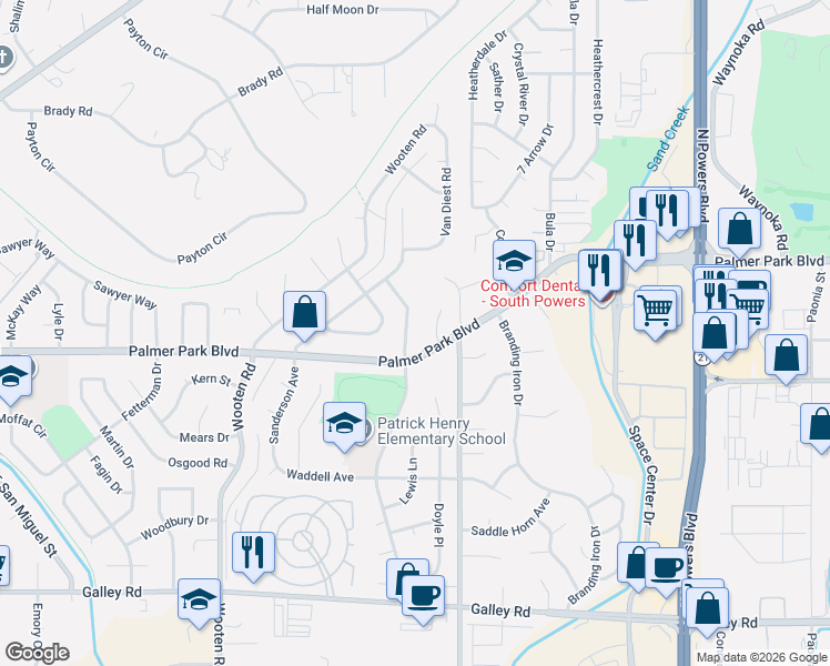map of restaurants, bars, coffee shops, grocery stores, and more near 1503 Lehmberg Boulevard in Colorado Springs