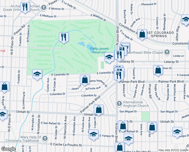 map of restaurants, bars, coffee shops, grocery stores, and more near 1509 East Caramillo Street in Colorado Springs