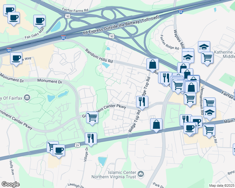 map of restaurants, bars, coffee shops, grocery stores, and more near 4048 Fairfax Center Hunt Trail in Fairfax