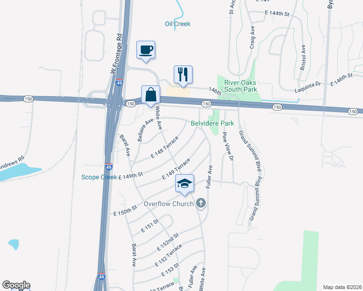 map of restaurants, bars, coffee shops, grocery stores, and more near 6308 East 149th Street in Grandview