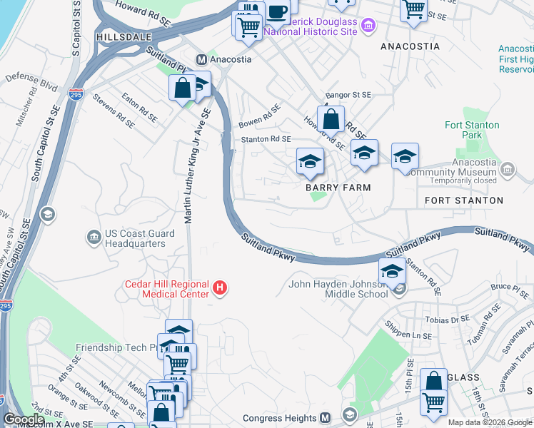 map of restaurants, bars, coffee shops, grocery stores, and more near 2549 Elvans Road Southeast in Washington