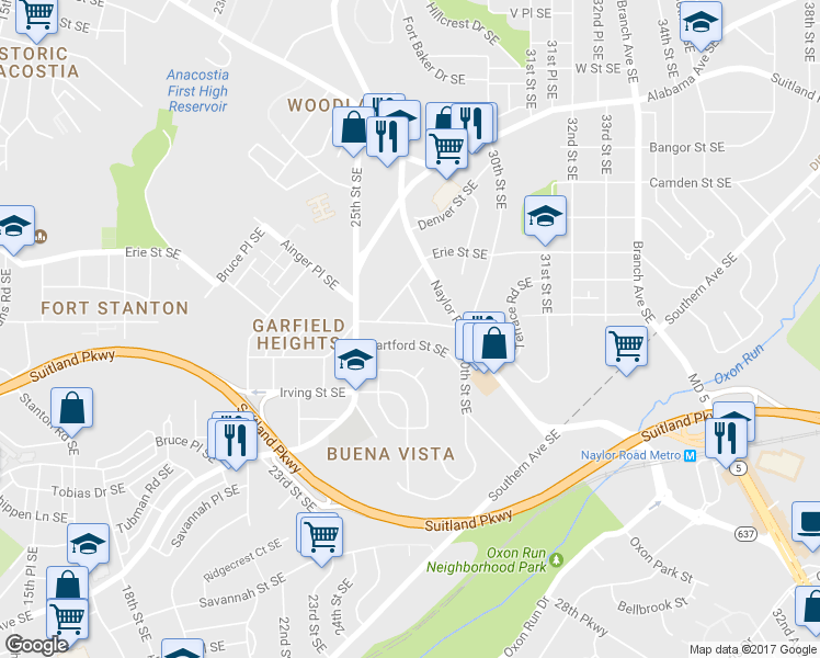 map of restaurants, bars, coffee shops, grocery stores, and more near 2829 Gainesville Street Southeast in Washington