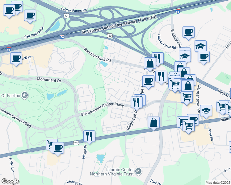 map of restaurants, bars, coffee shops, grocery stores, and more near 4048 Fairfax Center Hunt Trail in Fairfax