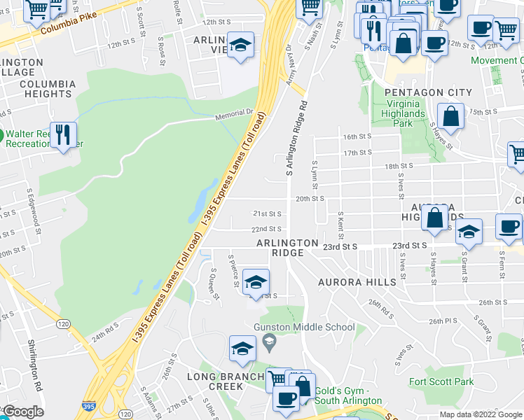map of restaurants, bars, coffee shops, grocery stores, and more near 1411 21st Street South in Arlington