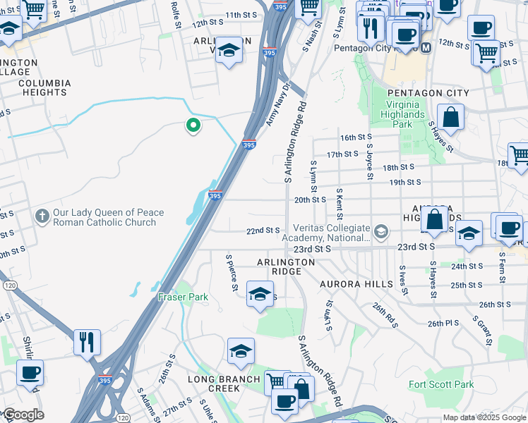 map of restaurants, bars, coffee shops, grocery stores, and more near 1407 21st Street South in Arlington