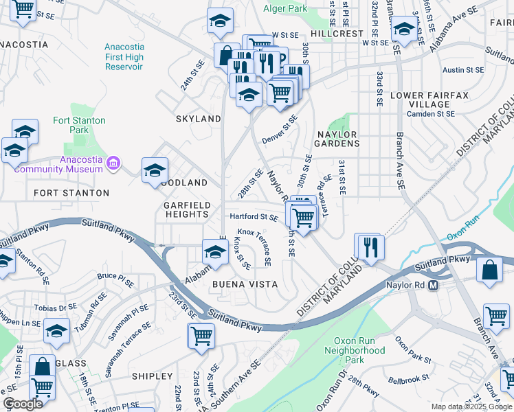 map of restaurants, bars, coffee shops, grocery stores, and more near 2829 Gainesville Street Southeast in Washington