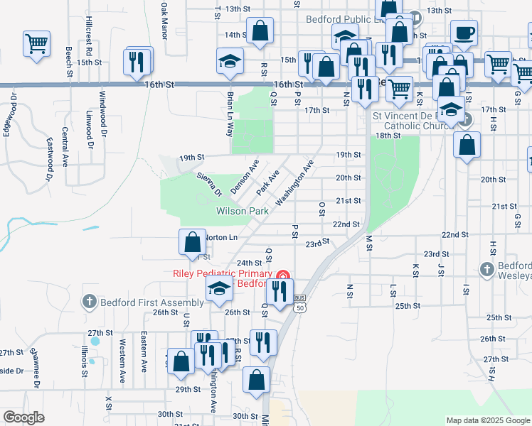 map of restaurants, bars, coffee shops, grocery stores, and more near 2121 Washington Avenue in Bedford