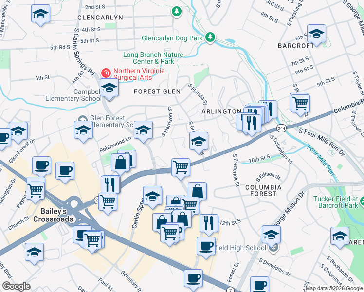 map of restaurants, bars, coffee shops, grocery stores, and more near 5535 Columbia Pike in Arlington