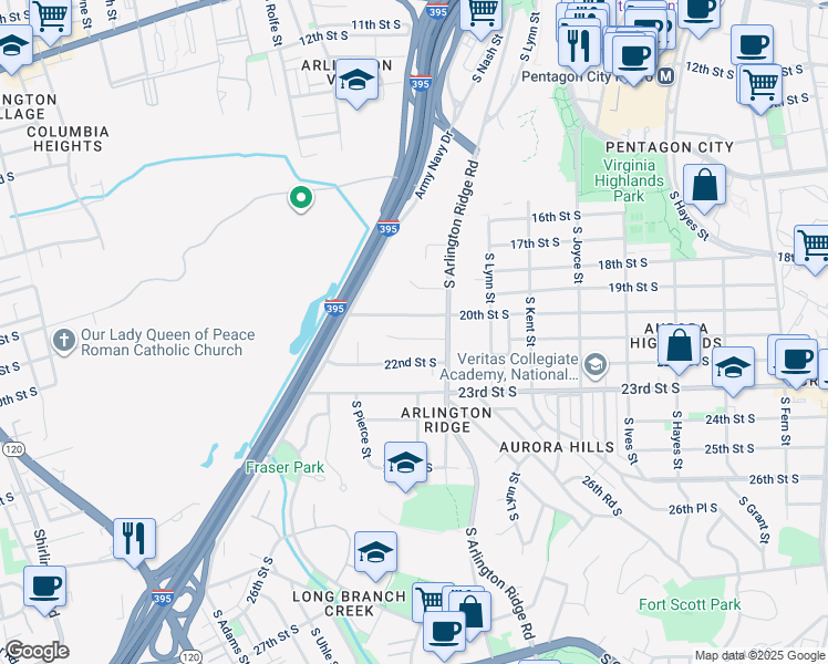 map of restaurants, bars, coffee shops, grocery stores, and more near 1407 21st Street South in Arlington