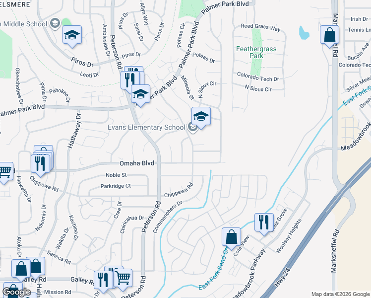 map of restaurants, bars, coffee shops, grocery stores, and more near 1530 Winnebago Road in Colorado Springs