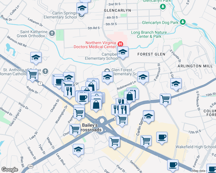 map of restaurants, bars, coffee shops, grocery stores, and more near 5829 Glen Forest Drive in Falls Church