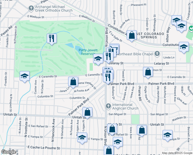 map of restaurants, bars, coffee shops, grocery stores, and more near 1612 North Foote Avenue in Colorado Springs