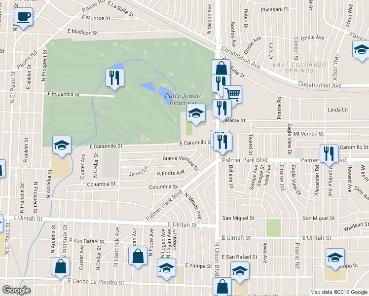 map of restaurants, bars, coffee shops, grocery stores, and more near 1516 East Buena Ventura Street in Colorado Springs