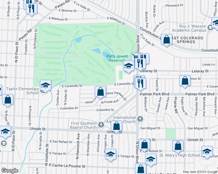 map of restaurants, bars, coffee shops, grocery stores, and more near 1412 East Buena Ventura Street in Colorado Springs