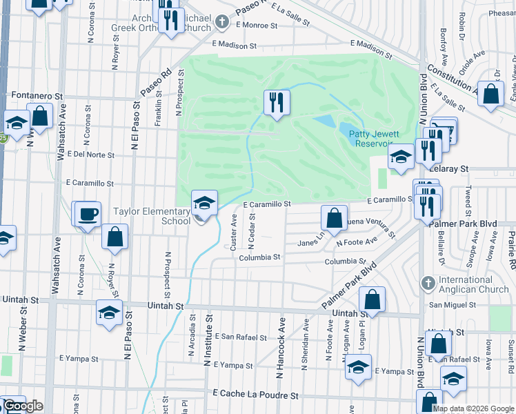 map of restaurants, bars, coffee shops, grocery stores, and more near 1512 North Cedar Street in Colorado Springs