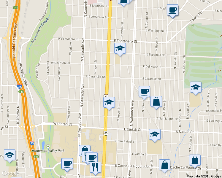 map of restaurants, bars, coffee shops, grocery stores, and more near 1423 North Nevada Avenue in Colorado Springs